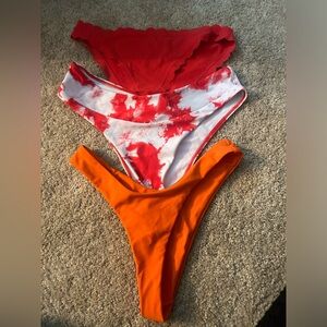 Red, Tie-Dye, and Orange Bikini Bottoms